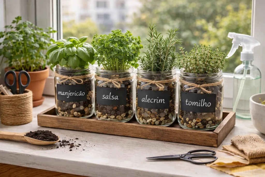 Como Montar um Mini Jardim de Ervas Indoor Usando Apenas Potes Reaproveitados