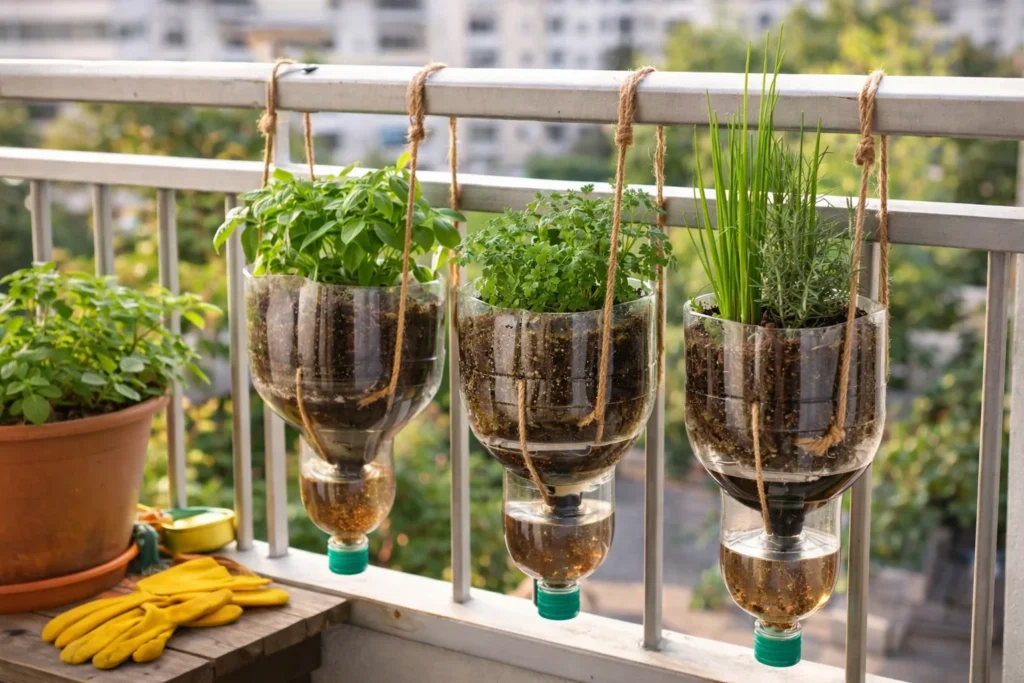 Guia Para Construir Vasos Auto-Irrigáveis com Garrafas Reutilizadas em Varandas Pequenas